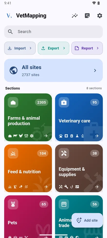 At the top: Statistics, Recent notes and Settings. Import, Export and Report move data in and out. All sites opens one map with everything, and the eight Sections open their own sites.