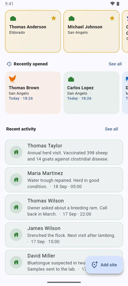Your Starred sites, the sites Recently opened, and Recent activity: the latest visit notes.