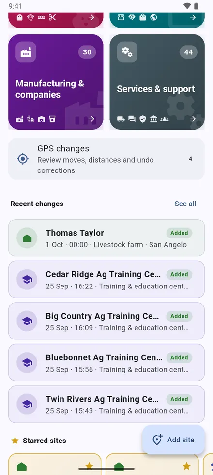 Below the sections: GPS changes, then Recent changes: the sites added, moved or edited last.