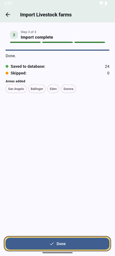 The result: how many sites were saved, how many rows were skipped and why, and the areas added. Tap Done.