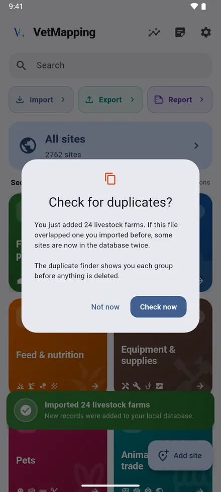 If the file overlaps one you imported before, VetMapping offers to look for duplicates.