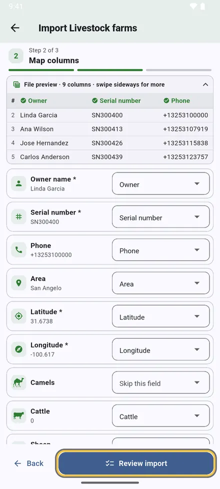 Each field is matched to a column of your file. English and Arabic headers are matched automatically; change any match by hand. Fields marked * are required.