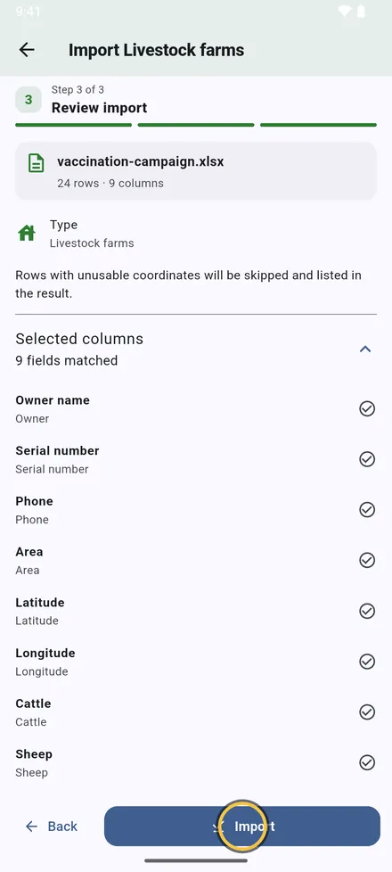 Check the summary and tap Import.