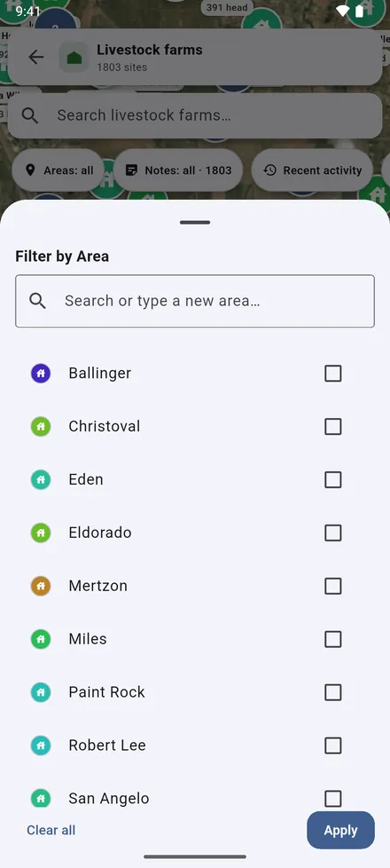 Filter by Area shows only the areas you choose. The choice is kept on every map until you clear it.