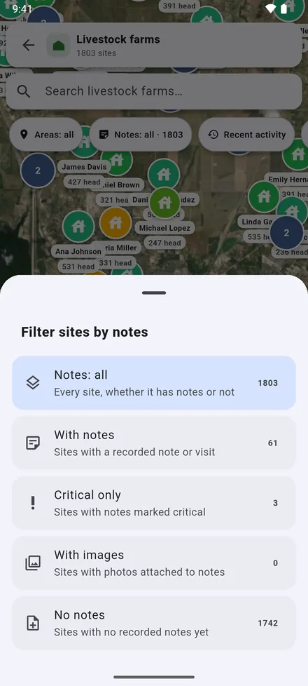 The notes filter: sites with notes, critical ones, with photos, or none yet.