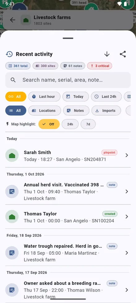 Recent activity: what was added, edited and noted, day by day. Tap an entry to go to it.
