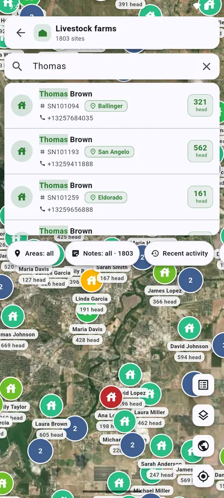 The search bar of the map finds sites of this map, within its filters.