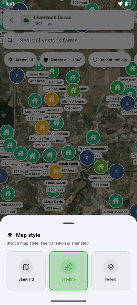 Map style: satellite, street map, or both together.