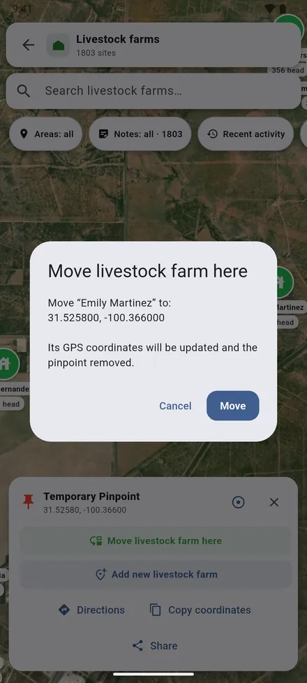 Confirm with Move. The site gets its new coordinates.