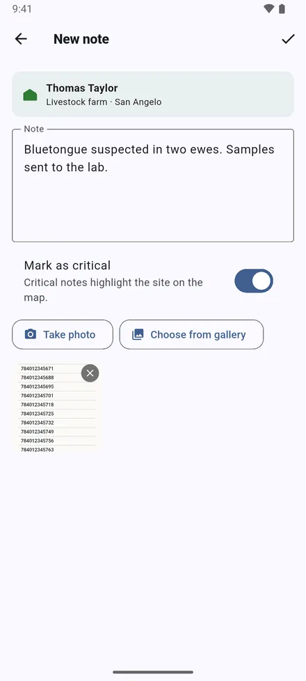 Add note: write what you did and saw, and attach photos with Take photo or Choose from gallery. Mark as critical turns the site red on the map.