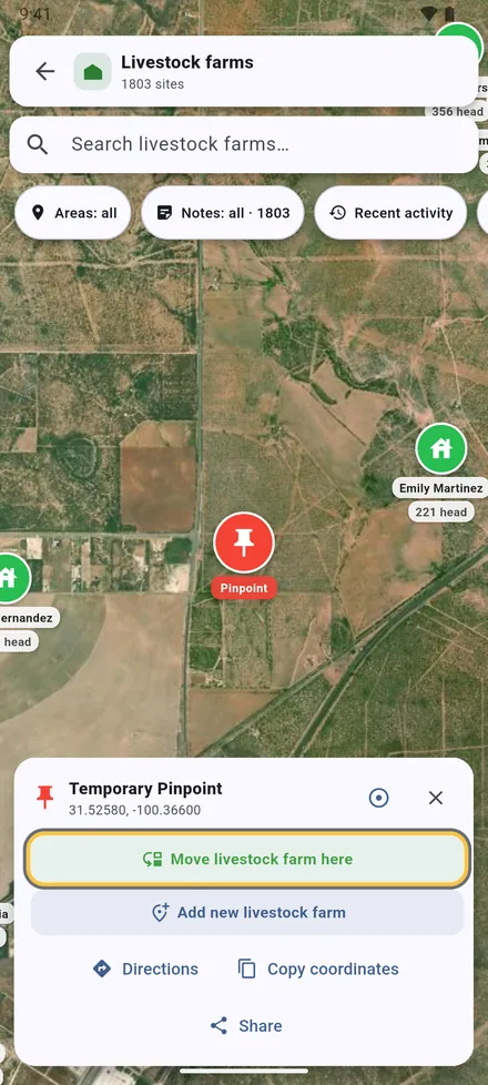 Touch and hold the map to drop a pinpoint. From it: move a site here, Add a new site here, Directions, Copy coordinates or Share. The circle button draws a radius around it.