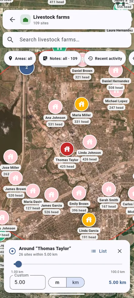 Open the farm and tap Radius. Drag the slider or type a distance, from 100 m to 100 km. The sites inside are counted.