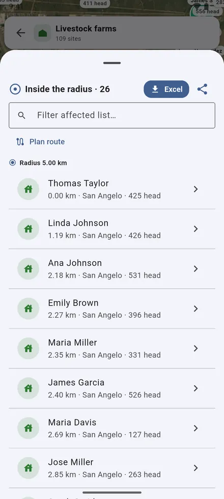List: the sites inside, nearest first, with their head counts. Export them to Excel, share the list, or plan a route.