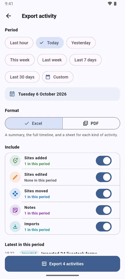 Tap Report on the home screen. Choose the period, from the last hour to the last 30 days or your own dates, and Excel or PDF.
