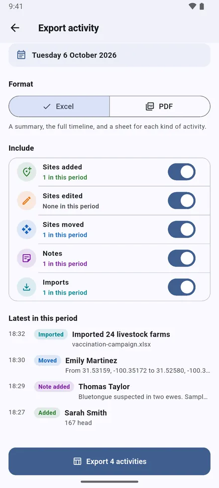 Choose what to include. The latest entries are shown before you export.