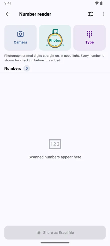 Settings › Read numbers with camera. Take a photo, or pick several photos at once.