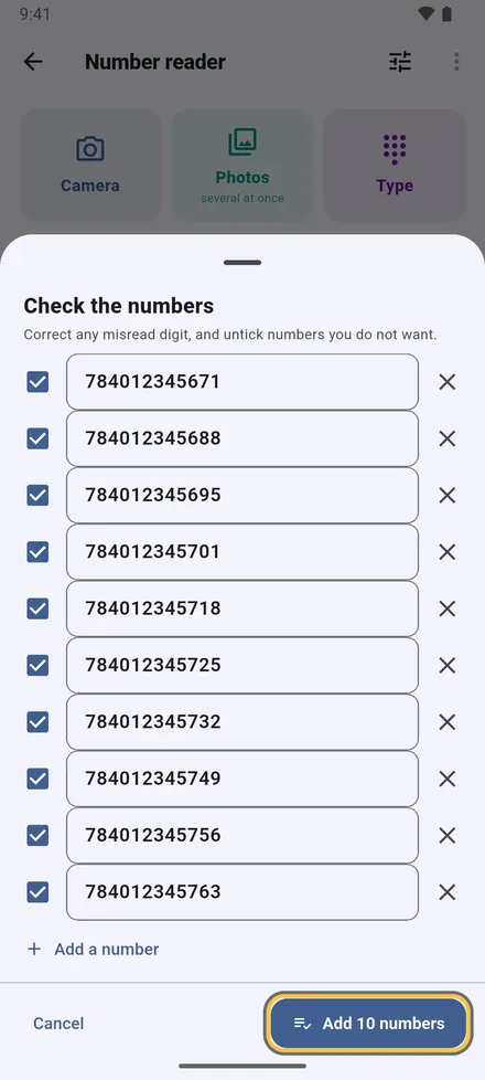Check every number: correct a digit, untick what you don't want, add a missing one. Doubtful readings and repeats are marked.