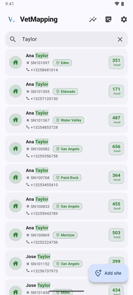Search finds any site by owner, serial number, phone, area or note. Tap a result to open it on its map.