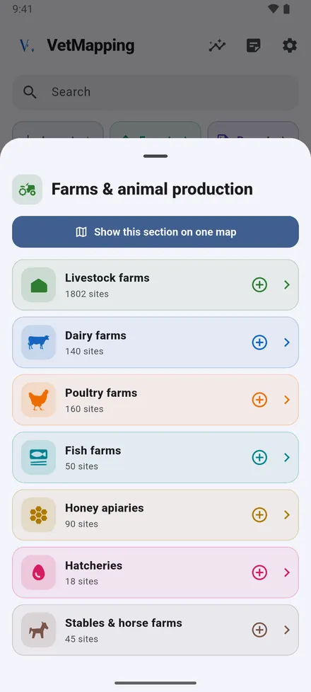 Tap a section to see its kinds of site and how many of each you have. Tap one to open its map, or the plus to add a site of that kind.