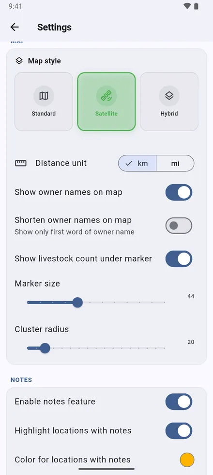 The map: Map style, km or miles, owner names in full or first name only, head counts under the pins, pin size, and how readily nearby sites gather into one circle.