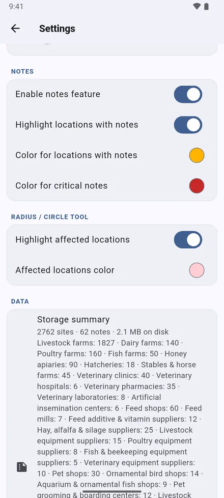 Notes: tint sites that have notes, in colours you choose for ordinary and critical notes; the colour of sites inside a radius; and a count of everything stored.