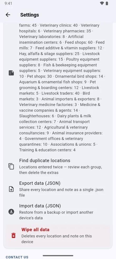 Your data: Find duplicate locations, Export data (JSON), Import data (JSON) and Wipe all data.