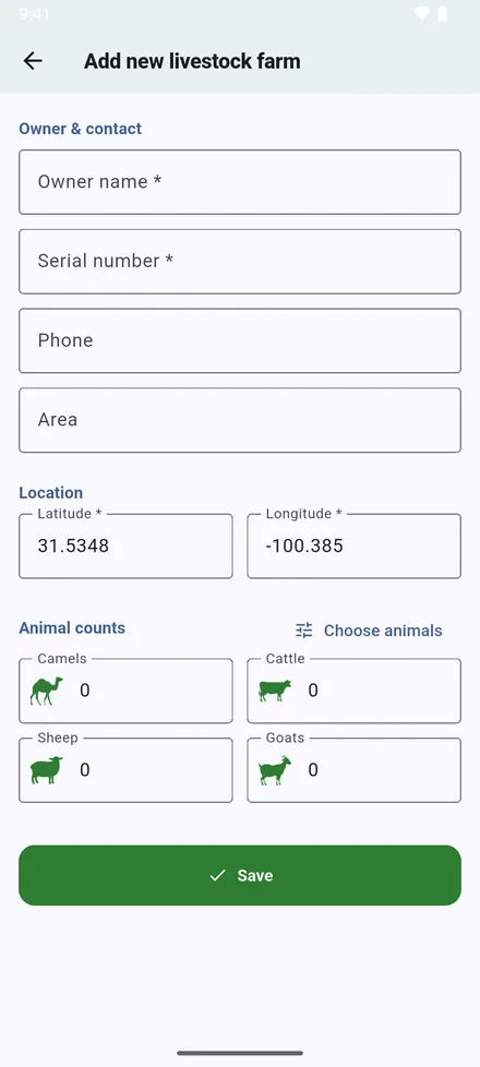 The form opens with the coordinates filled in. Complete it and tap Save.
