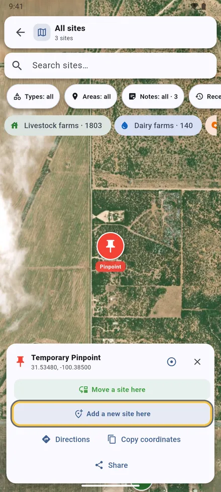 VetMapping opens on the shared point with the sites around it. Choose Add a new site here, or Move a site here if the site is already in VetMapping at the wrong place.