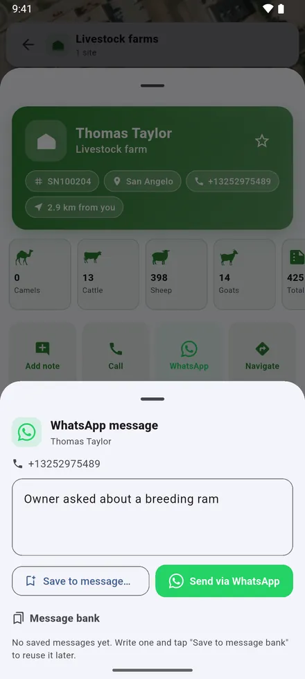 WhatsApp writes to the owner. Messages you send often can be kept in the Message bank.