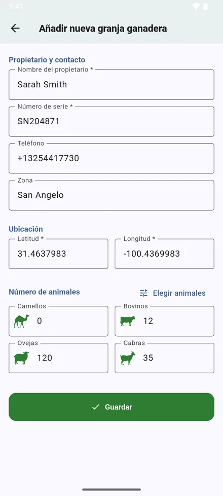 Escriba el propietario, el número de serie, el teléfono y la zona. Las coordenadas empiezan en su posición actual; escriba otras si no está en el sitio. Debajo están los campos de ese tipo: cabezas en una granja ganadera, el rebaño en una lechería, naves en una granja avícola, estanques en una piscifactoría, colmenas en un colmenar. Toque Guardar.