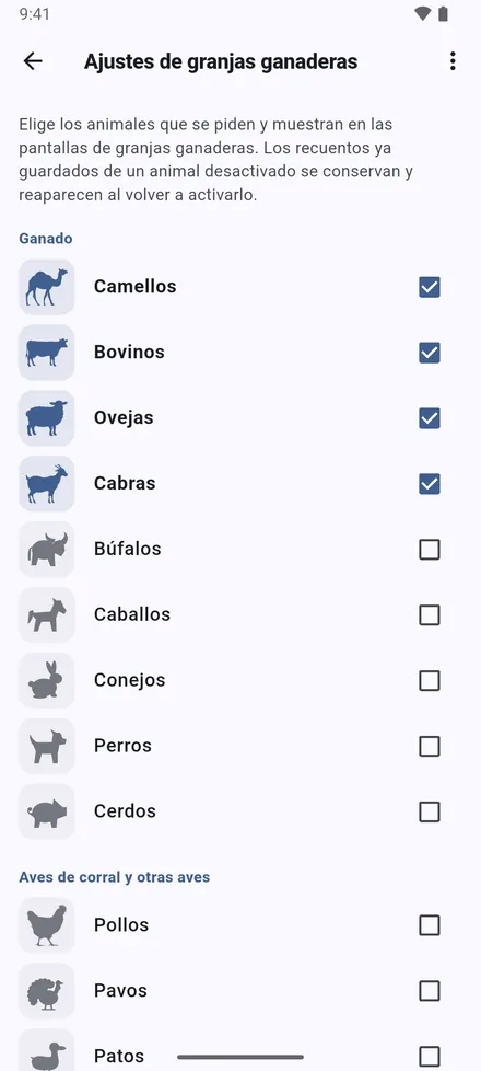 Ajustes de granjas ganaderas: active los animales con los que trabaja. Solo esos aparecen en formularios, fichas, estadísticas y columnas de Excel.