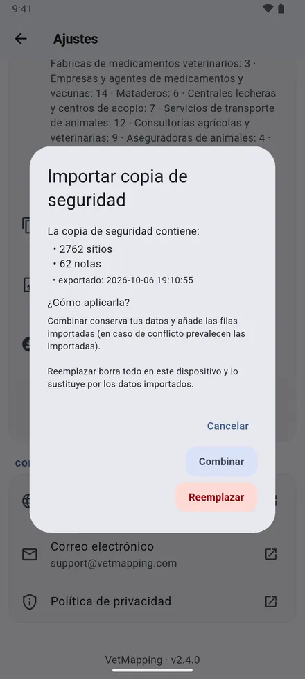 Exportar datos (JSON) guarda todo en un archivo; envíeselo a usted o a un colega. Después, Importar datos (JSON) pregunta: Combinar con los datos que ya hay, o Reemplazar.