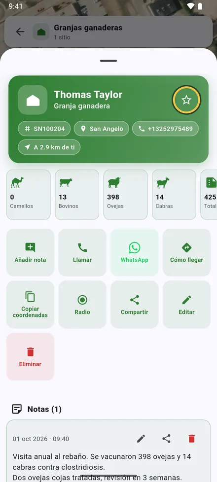 El propietario, número de serie, zona, teléfono y distancia hasta usted, y luego las cabezas. La estrella de arriba añade el sitio a Sitios favoritos.
