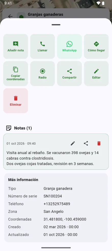 Más información: coordenadas, cuándo se creó y actualizó el sitio, y las columnas extra importadas de Excel.