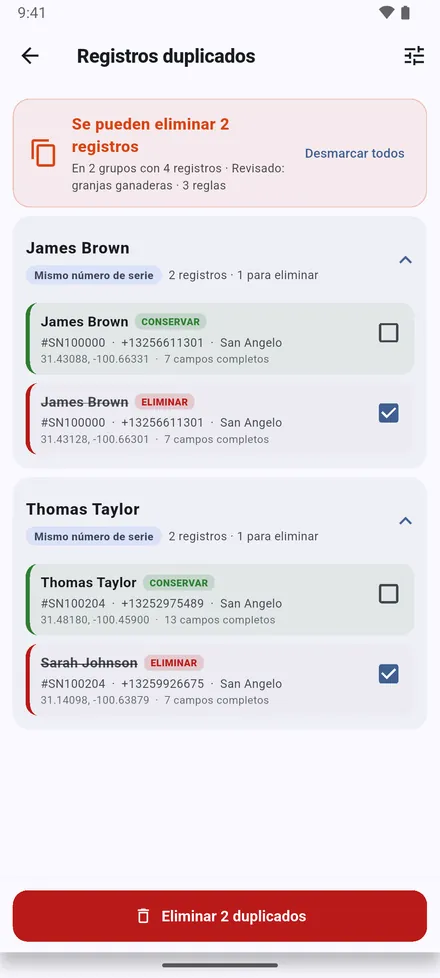Se agrupan los sitios con el mismo número de serie, el mismo teléfono, el mismo propietario en la misma zona o el mismo punto. Revise cada grupo y quédese con el correcto. También en Ajustes › Buscar sitios duplicados.