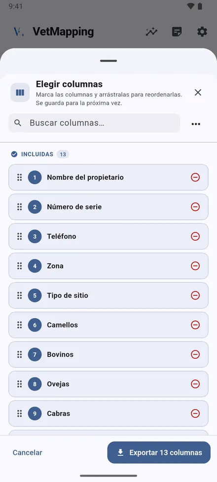 Toque Exportar, elija el tipo de sitio y luego las columnas. Arrástrelas al orden que quiera; la elección se recuerda.