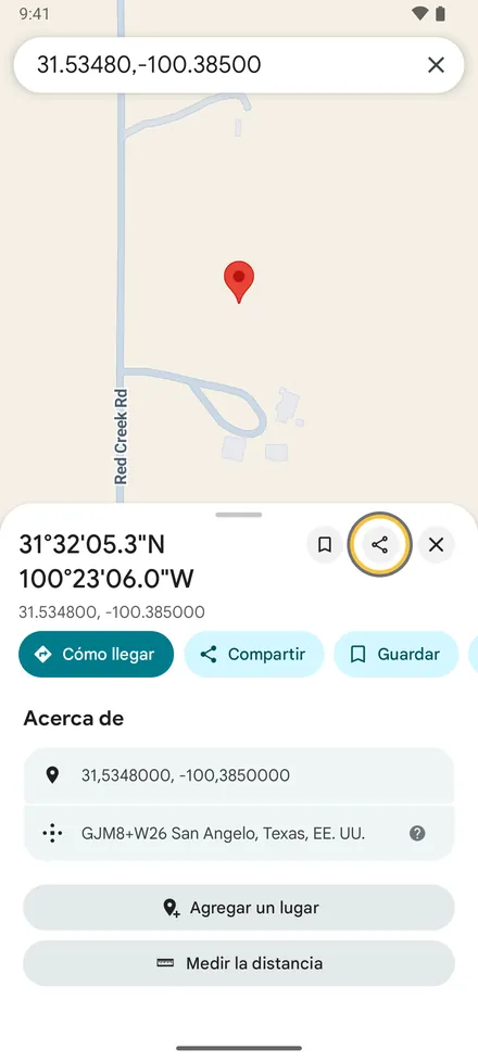 En Google Maps, abra el lugar o mantenga pulsado para soltar una chincheta. Toque Compartir.