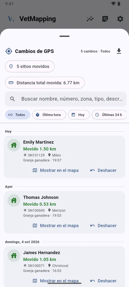 Cambios de GPS guarda cada traslado, con la posición antigua y la nueva y la distancia. Abra uno para ver ambos puntos en un mapa, o para deshacerlo.