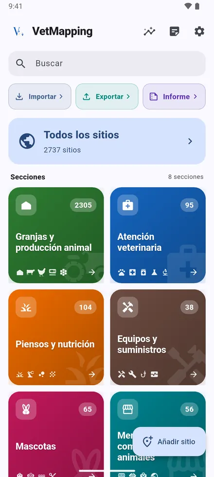 Arriba: Estadísticas, Notas recientes y Ajustes. Importar, Exportar e Informe meten y sacan datos. Todos los sitios abre un mapa con todo, y las ocho Secciones abren sus propios sitios.