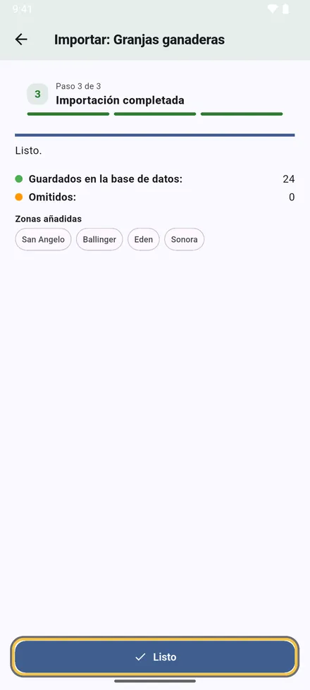 El resultado: cuántos sitios se guardaron, cuántas filas se omitieron y por qué, y las zonas añadidas. Toque Listo.