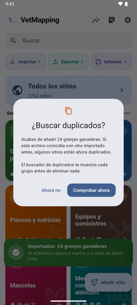 Si el archivo se solapa con otro que importó antes, VetMapping le ofrece buscar duplicados.