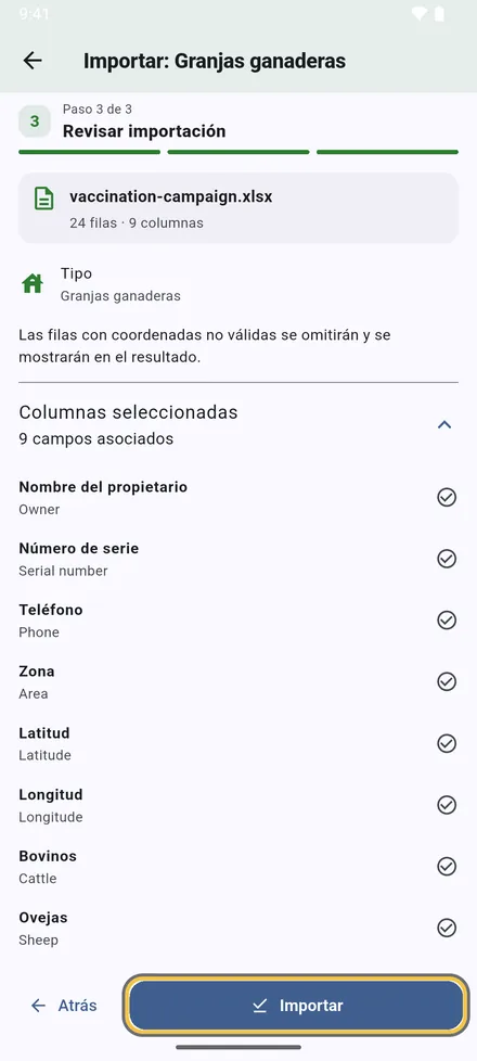 Revise el resumen y toque Importar.