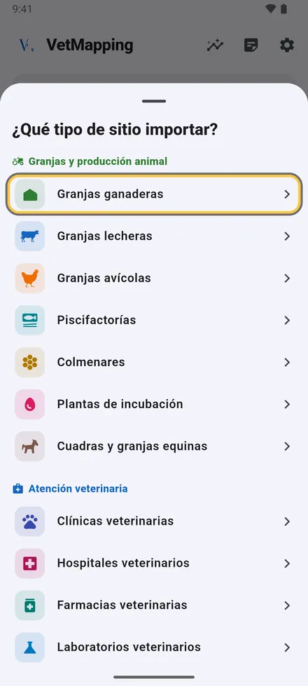 Toque Importar en la pantalla de inicio, elija el tipo de sitio del archivo y luego el archivo.