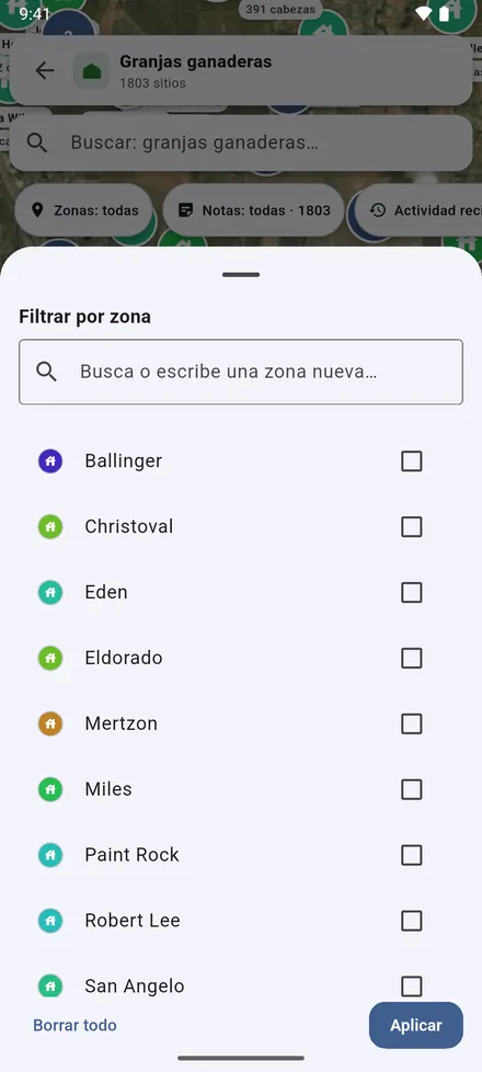 Filtrar por zona muestra solo las zonas que elija. La elección se mantiene en todos los mapas hasta que la borre.