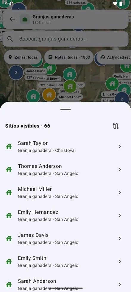 Sitios visibles: los sitios de la pantalla en una lista, y Planificar ruta para visitarlos uno tras otro.