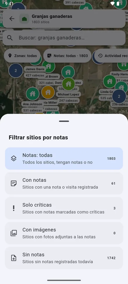 El filtro de notas: sitios con notas, críticos, con fotos o todavía sin notas.