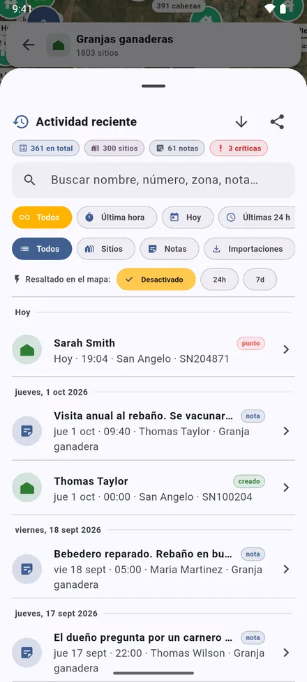 Actividad reciente: lo que se añadió, editó y anotó, día a día. Toque una entrada para ir a ella.