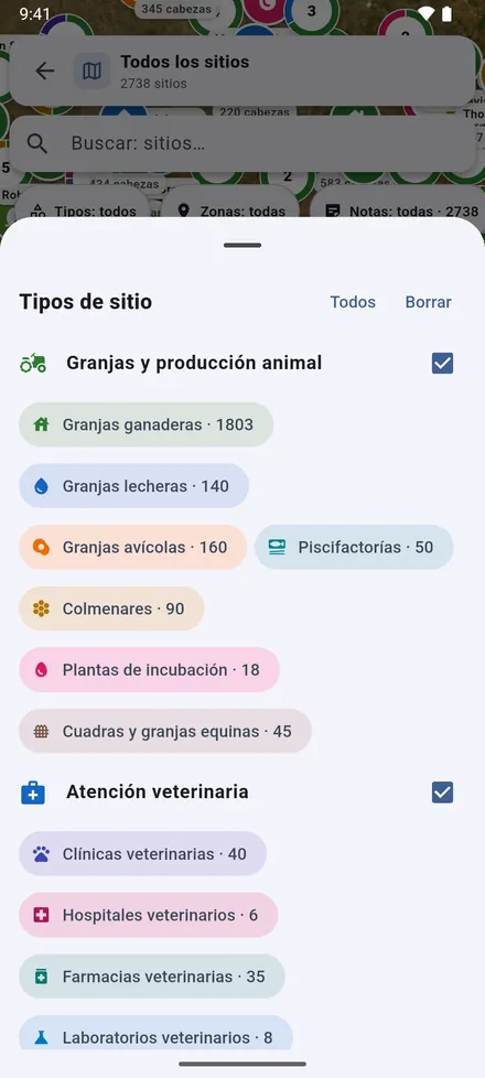 El filtro de tipos elige qué tipos se muestran.