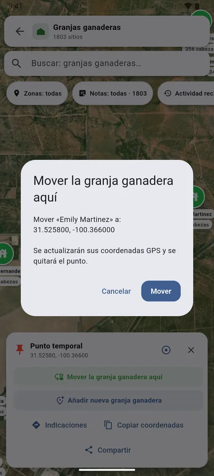 Confirme con Mover. El sitio recibe sus nuevas coordenadas.