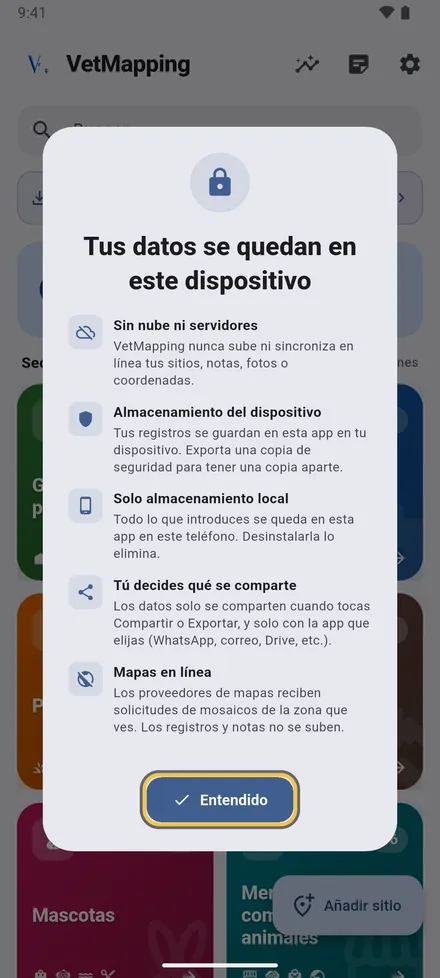 Sin cuenta y sin servidor: sus sitios, notas y fotos se quedan en este teléfono. Toque Entendido.